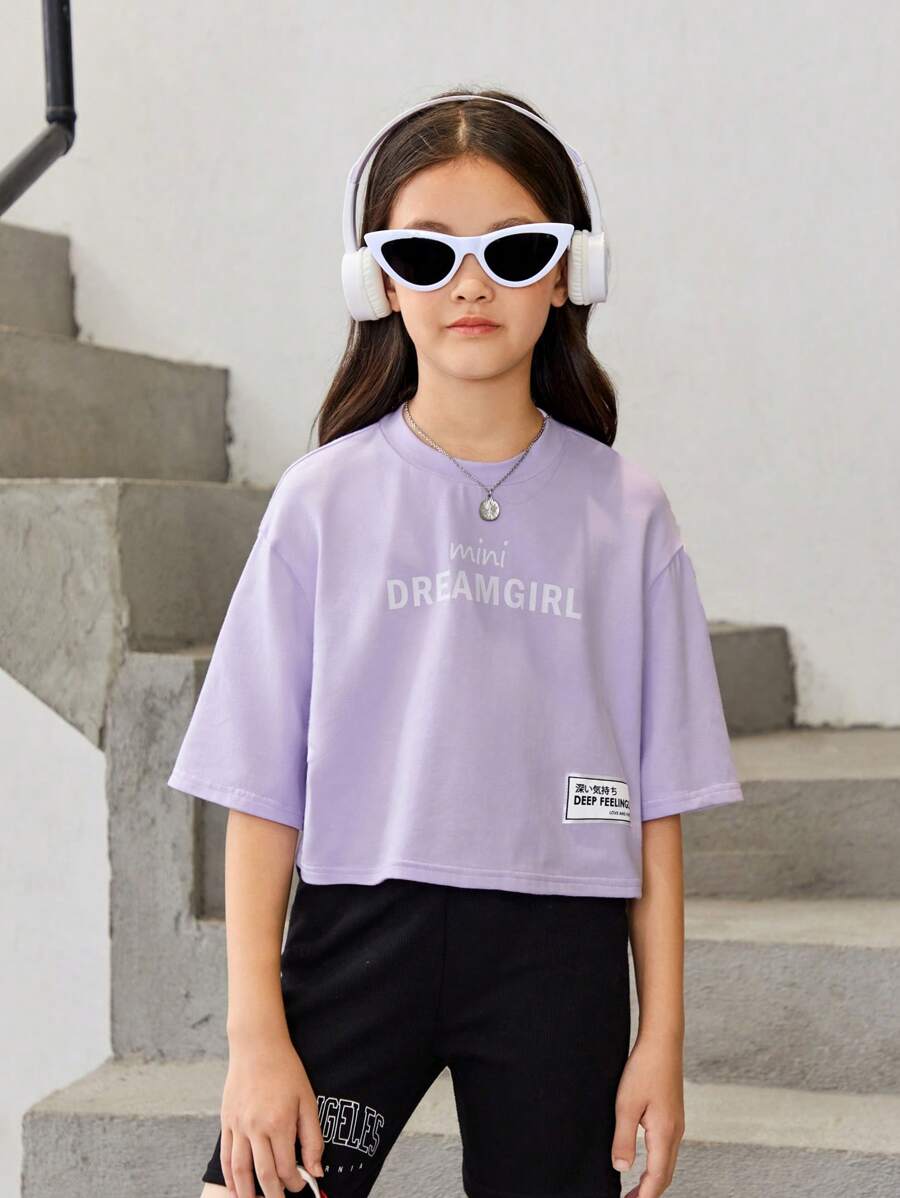SHEIN 女大童字母圖案落肩T恤 - 紫丁香色 - 查看 1