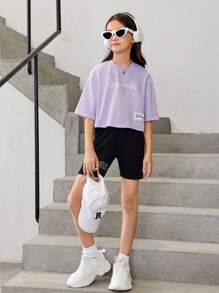 SHEIN 女大童字母圖案落肩T恤 - 紫丁香色 - 查看 5