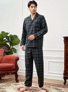 Conjunto de pijama / pijama de cuello con solapa con estampado a cuadros para hombre - Multicolor - Ver 5