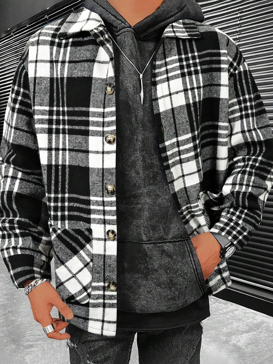 Manfinity Homme Men Plaid Print Shacket - Black and White - View 1
