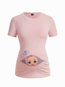 SHEIN Maternidad Camiseta con estampado de dibujos animados fruncido lateral - Rosa Pálido - Ver 1