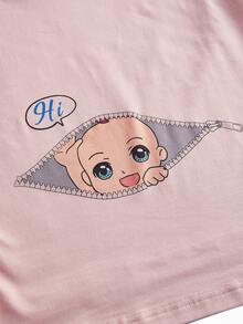 SHEIN Maternidad Camiseta con estampado de dibujos animados fruncido lateral - Rosa Pálido - Ver 5