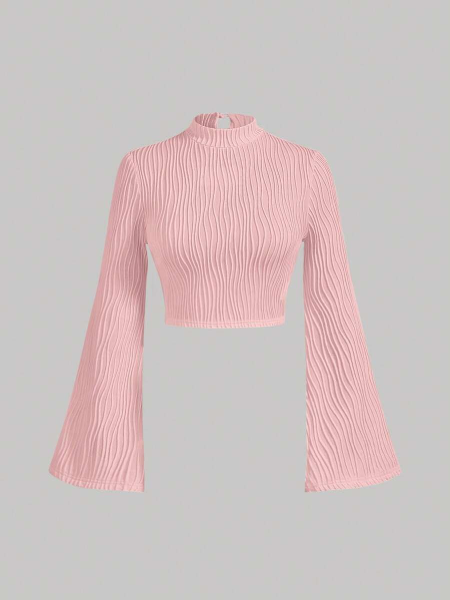 SHEIN MOD Mock Neck Bell Sleeve Crop Tee - Baby Pink - View 1