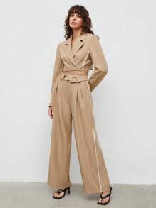 BizChic Lapel Neck Crop Blazer & Contrast Piping Wide Leg Trousers - Khaki - View 1