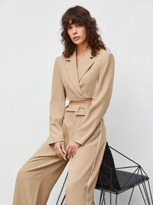 BizChic Lapel Neck Crop Blazer & Contrast Piping Wide Leg Trousers - Khaki - View 2