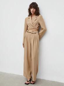 BizChic Lapel Neck Crop Blazer & Contrast Piping Wide Leg Trousers - Khaki - View 4