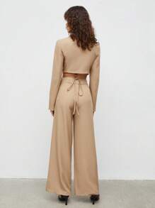 BizChic Lapel Neck Crop Blazer & Contrast Piping Wide Leg Trousers - Khaki - View 5