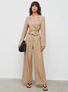 BizChic Lapel Neck Crop Blazer & Contrast Piping Wide Leg Trousers - Khaki - View 6