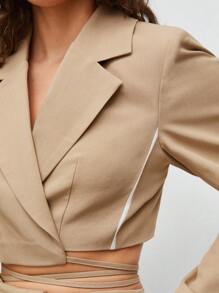 BizChic Lapel Neck Crop Blazer & Contrast Piping Wide Leg Trousers - Khaki - View 7