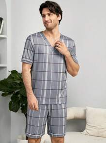 Men Plaid Print PJ Set - Grey - View 1