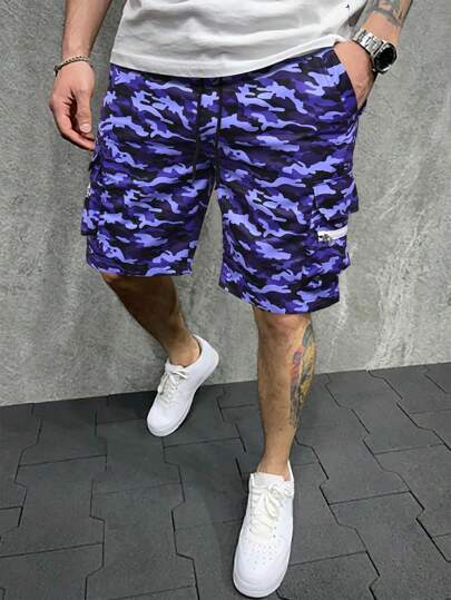 Manfinity Roughcore Guys Camo Print Flap Pocket Drawstring Waist Cargo Shorts