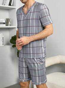 Men Plaid Print PJ Set - Grey - View 4