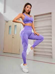 Leopard Print Wide Waistband Sports Set - Purple - View 5