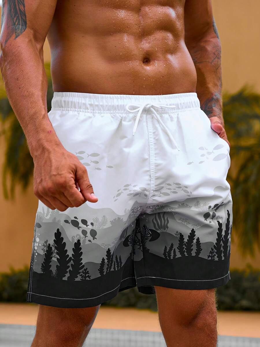 Surfspeed Men Mountain Print Drawstring Waist Swim Trunks - Black and White - View 1