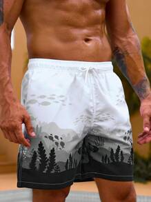 Surfspeed Men Mountain Print Drawstring Waist Swim Trunks - Black and White - View 3