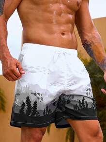 Surfspeed Men Mountain Print Drawstring Waist Swim Trunks - Black and White - View 6