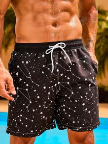Manfinity Men Galaxy Print Drawstring Waist Swim Trunks - Black - View 1