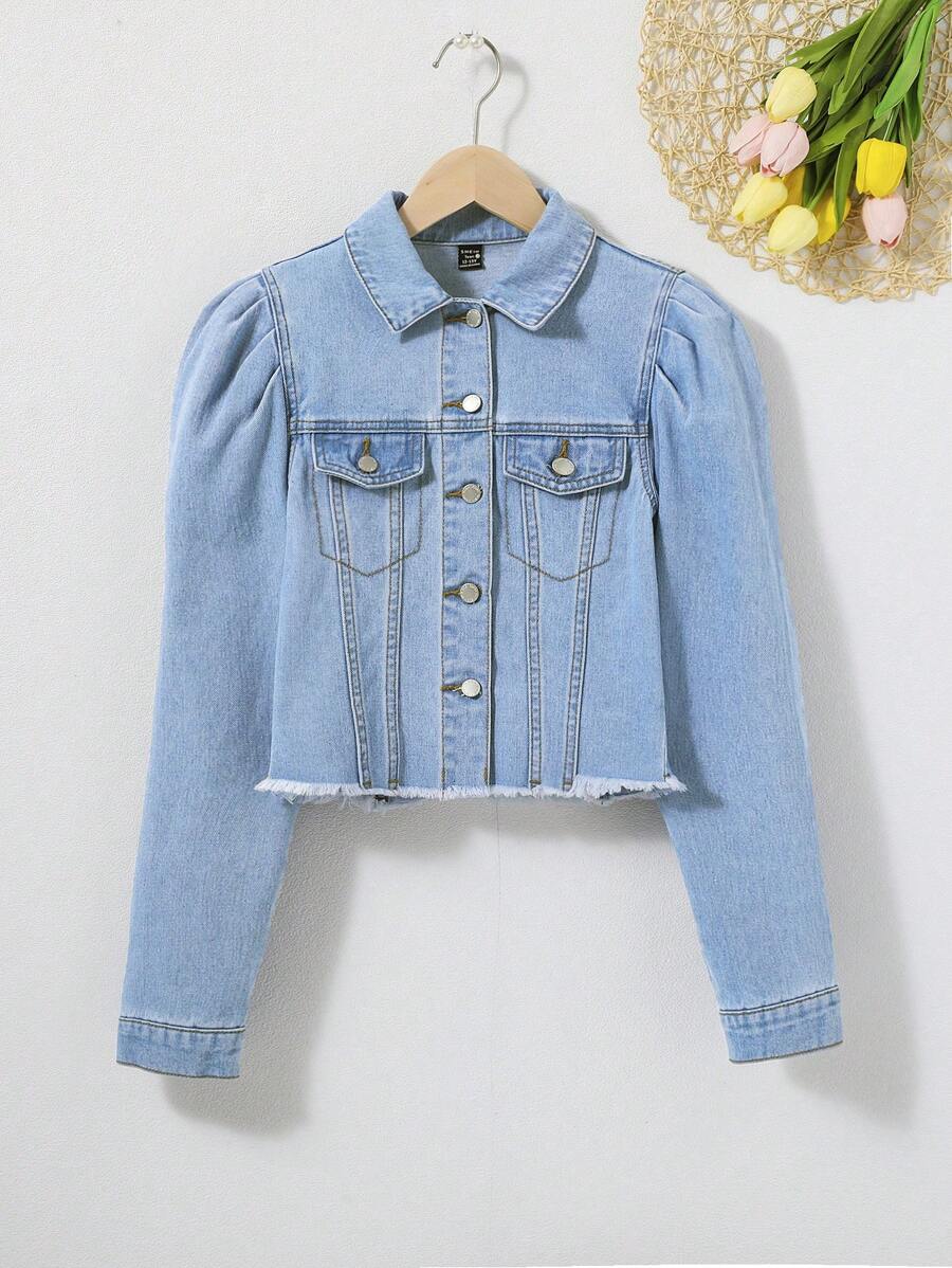 SHEIN Bé Gái Denim Jackets & Áo Khoác Túi Hem thô Nút phía trước màu trơn Giải trí - Rửa nhẹ - Xem 1