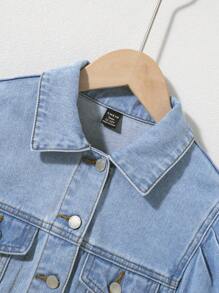 SHEIN Bé Gái Denim Jackets & Áo Khoác Túi Hem thô Nút phía trước màu trơn Giải trí - Rửa nhẹ - Xem 3