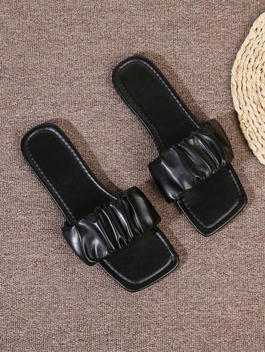 Women's Flat Sandals, 2023 New Summer Fashionable Slip On Slides With Pleated Design For Outdoor And Casual Wear