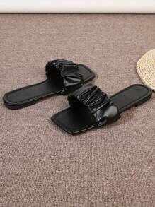 Women's Flat Sandals, 2023 New Summer Fashionable Slip On Slides With Pleated Design For Outdoor And Casual Wear