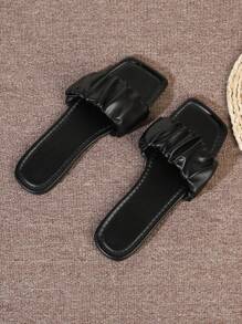 Women's Flat Sandals, 2023 New Summer Fashionable Slip On Slides With Pleated Design For Outdoor And Casual Wear