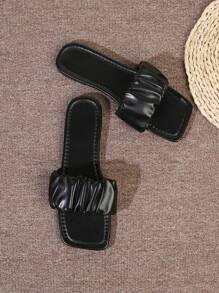 Women's Flat Sandals, 2023 New Summer Fashionable Slip On Slides With Pleated Design For Outdoor And Casual Wear