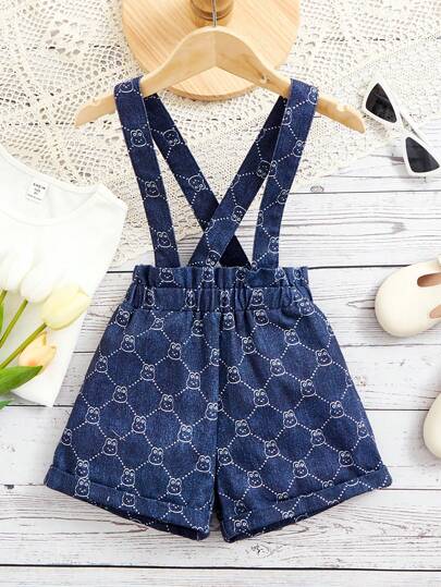 SHEIN 女小童滿版印花背帶背帶連體短褲