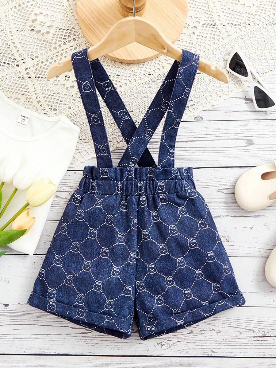 SHEIN 女小童滿版印花背帶背帶連體短褲