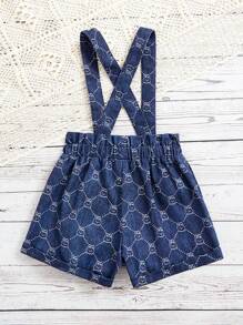 SHEIN 女小童滿版印花背帶背帶連體短褲