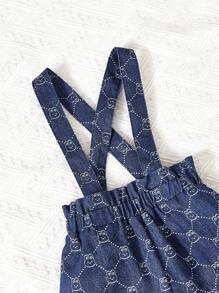 SHEIN 女小童滿版印花背帶背帶連體短褲