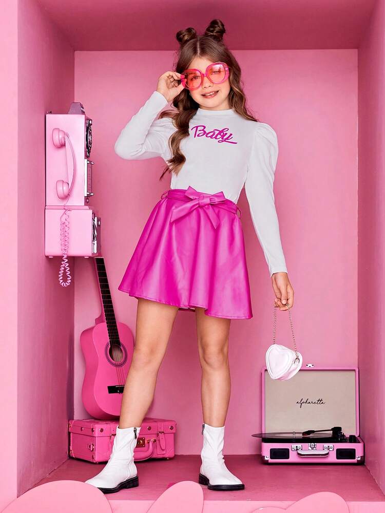 Tween Girls' Elegant Knitted Bubble Sleeve Long Sleeve Top & Pu Leather Skirt