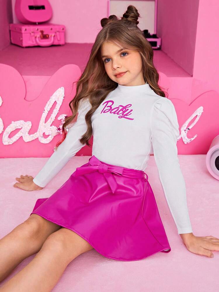 Tween Girls' Elegant Knitted Bubble Sleeve Long Sleeve Top & Pu Leather Skirt