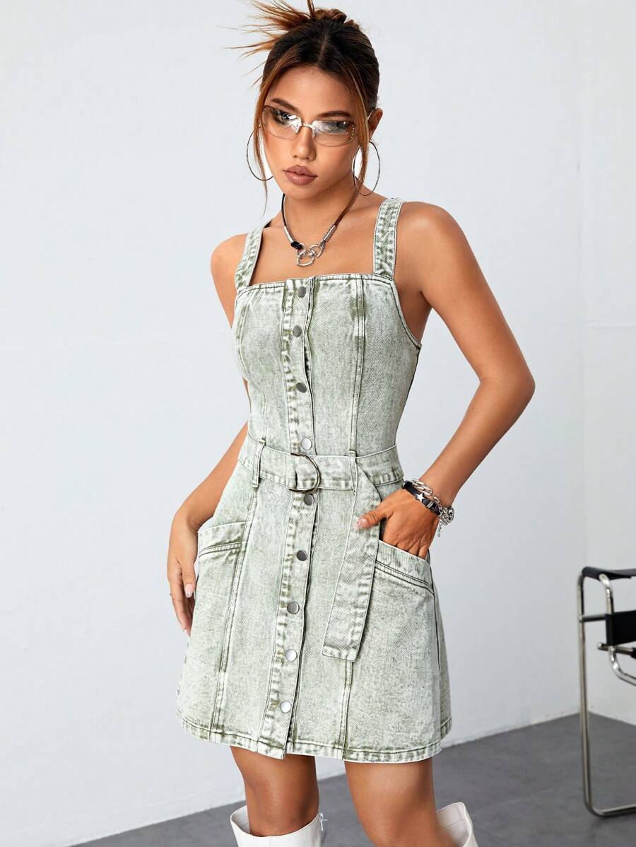 SHEIN ICON 前紐扣腰帶牛仔裙 - 綠色 - 查看 1