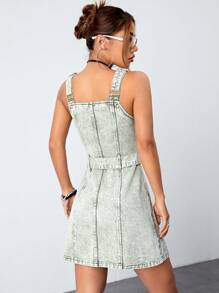 SHEIN ICON 前紐扣腰帶牛仔裙 - 綠色 - 查看 2