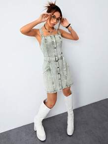 SHEIN ICON 前紐扣腰帶牛仔裙 - 綠色 - 查看 6