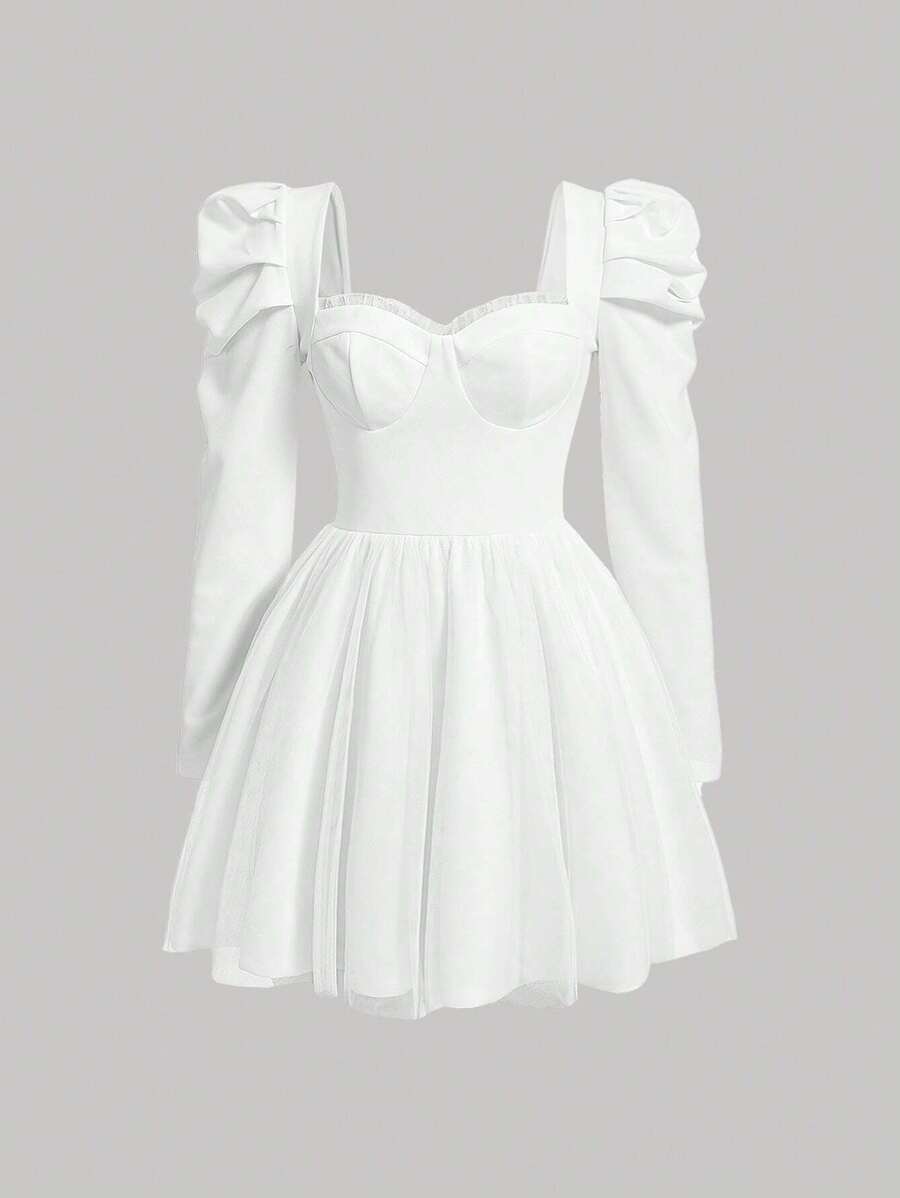 SHEIN MOD 優雅蕾絲拼接 拉鍊 網拼接純色女士連衣裙