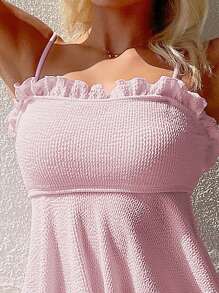 Frill Trim Smocked Tankini Summer Beach - Baby Pink - View 4