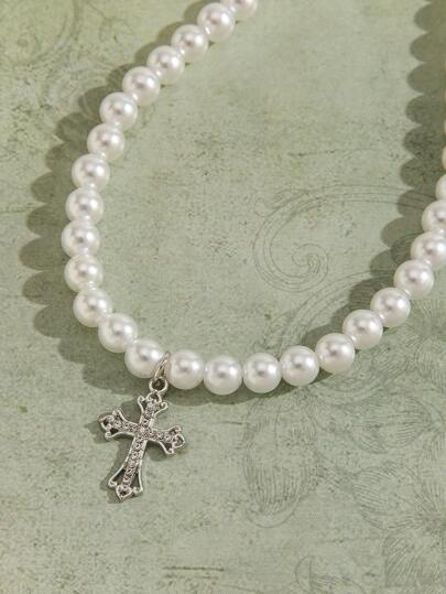 Goth 1pc Elegant Cross Charm Faux Pearl Beaded Necklace For Women For Daily Decoration
