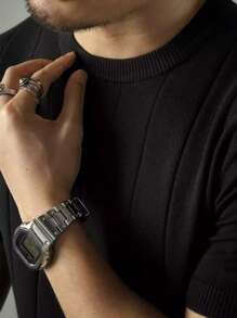 Men Solid Crew Neck Knit Top - Black - View 5