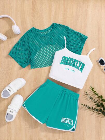 SHEIN Teen Girl Letter Graphic Cami Top & Shorts & Mesh Top Graduation Outfit