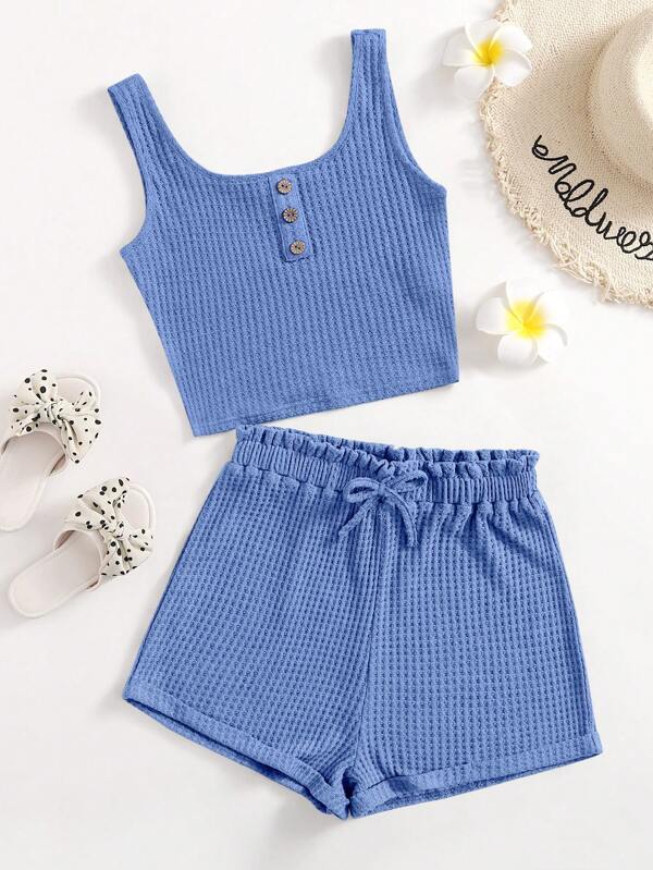 SHEIN Teen Girl Button Front Tank Top & Paperbag Waist Shorts Set,Summer Clothes