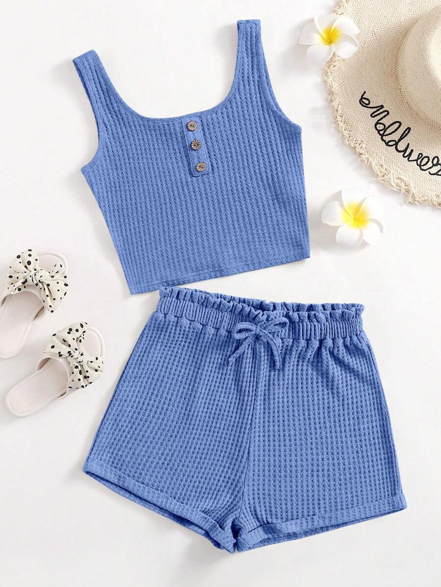SHEIN Teen Girl Button Front Tank Top & Paperbag Waist Shorts Set,Summer Clothes - Blue - View 1