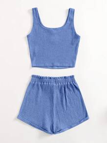 SHEIN Teen Girl Button Front Tank Top & Paperbag Waist Shorts Set,Summer Clothes - Blue - View 2