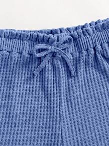 SHEIN Teen Girl Button Front Tank Top & Paperbag Waist Shorts Set,Summer Clothes - Blue - View 4