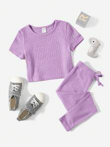 SHEIN Leap Crew Cô Gái Trẻ Dệt kim Waffle Áo thun & Nơ mặt trước Xà cạp - Màu Lilac Tím - Xem 1