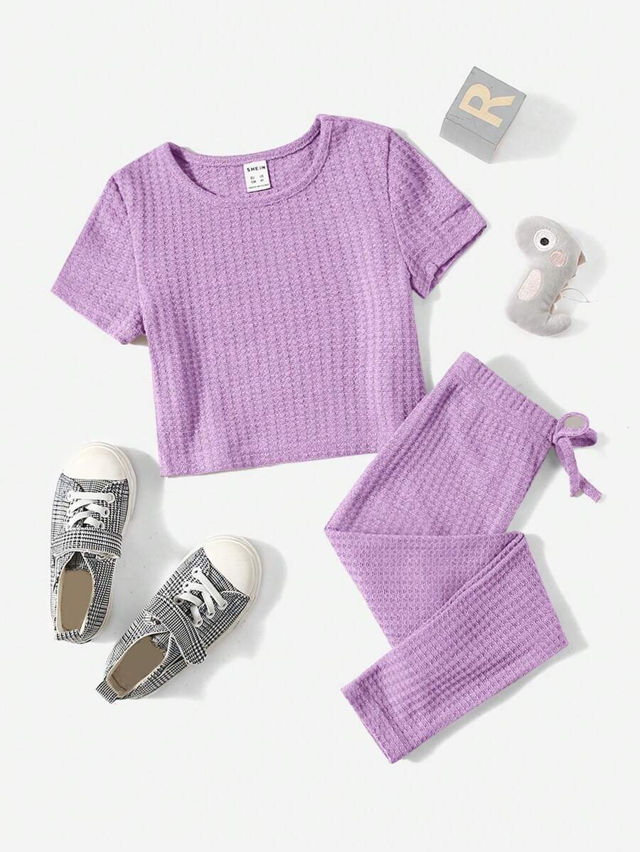SHEIN Leap Crew Cô Gái Trẻ Dệt kim Waffle Áo thun & Nơ mặt trước Xà cạp - Màu Lilac Tím - Xem 1