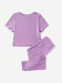 SHEIN Leap Crew Cô Gái Trẻ Dệt kim Waffle Áo thun & Nơ mặt trước Xà cạp - Màu Lilac Tím - Xem 2