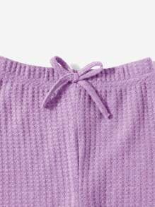 SHEIN Leap Crew Cô Gái Trẻ Dệt kim Waffle Áo thun & Nơ mặt trước Xà cạp - Màu Lilac Tím - Xem 4