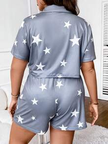 Flirla 大碼星星印花拉鏈開襟夾克和腰部打結短褲 - 灰色 - 查看 2